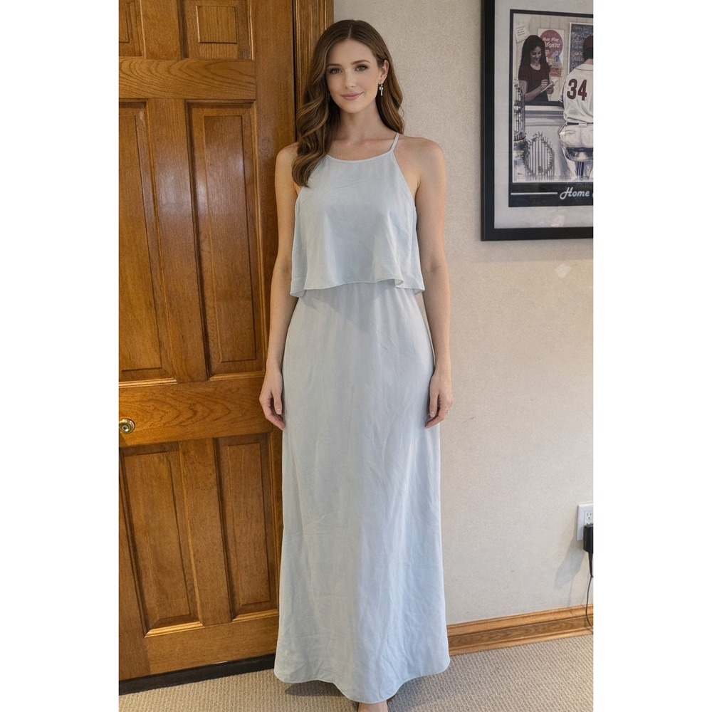 Azazie Light‎ Blue Halter Ruffle Popover Maxi Bridesmaid Dress A4 Formal Gown
